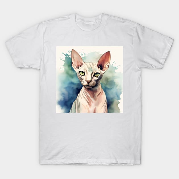 Watercolor Sphynx Cat Design on Cool Blues and Greens T-Shirt by designs4days